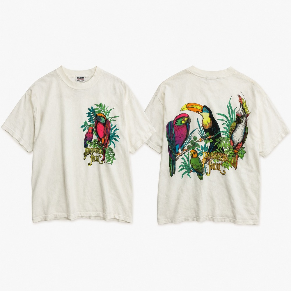 Vtg 90s Panama Jack USA Made Shirt Men's OSFM Single Stitch Tropical Parrots Tee